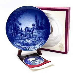 Bareuther 1975 Thanksgiving Collector Plate Bavaria Germany Blue Deer Fawn 8"